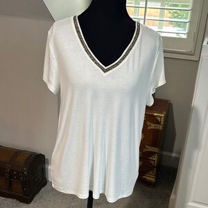 Jennifer Lopez White V-Neck Top with Embellished Neckline